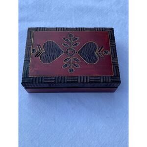 Handmade Polish Folk Art Wooden Trinket Box 3.5 x 5 in. Red Brown Heart Leaf EUC